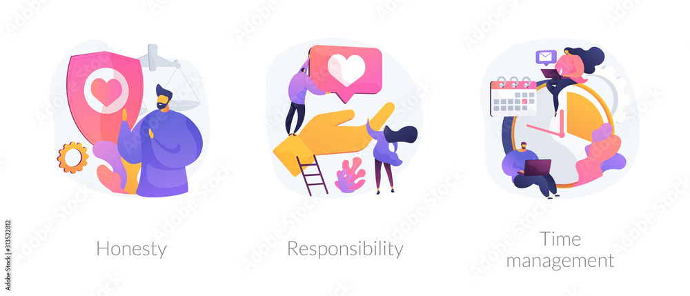 Personal and professional skills icons set. Honesty, responsibility, time management metaphors. Personnel training, employee coaching. Vector isolated concept metaphor illustrations. Personal and professional skills icons set. Honesty, responsibility, time management metaphors. Personnel training, employee coaching. Vector isolated concept metaphor illustrations.