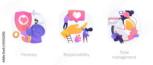 Personal and professional skills icons set. Honesty, responsibility, time management metaphors. Personnel training, employee coaching. Vector isolated concept metaphor illustrations.