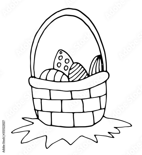 Retro style hand drawn vintage easter cards with basket full of black and white eggs.