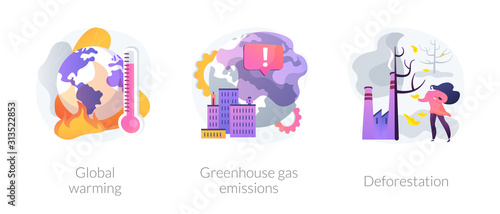 Forest clearcutting problem. Climate change. Greenhouse effect, planet pollution. Global warming, greenhouse gas emissions, deforestation metaphors. Vector isolated concept metaphor illustrations