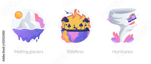 Global warming disasters, cataclysms, climate change consequences. Nature damage, destructions. Glaciers, wildfires, hurricanes metaphors. Vector isolated concept metaphor illustrations.