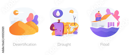 Global warming consequence, climate change outcome. Wildlife extinction, sea level and landscape changing. Desertification, drought, flood metaphors. Vector isolated concept metaphor illustrations.