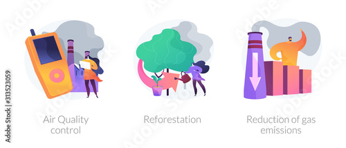 Environment protection measures, flora restoration, atmosphere purification. Air Quality control, reforestation, reduction of gas emissions metaphors. Vector isolated concept metaphor illustrations.