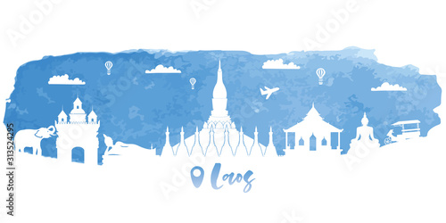 Travel Laos panorama postcard, poster, tour advertising of world famous landmarks in paper cut style. Vectors illustrations