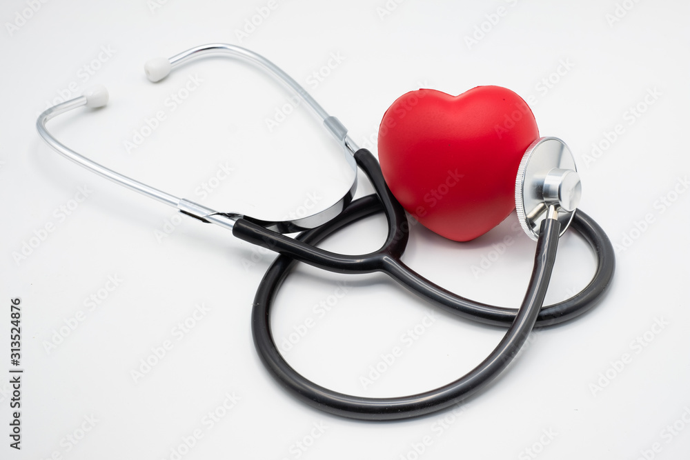 Medical stethoscope and red heart on the White Background.Medical concepts, medical devices For treatment World health day take care of your health. Global health day campaign with a red heart. Medical stethoscope and red heart on the White Background.Medical concepts, medical devices For treatment World health day take care of your health. Global health day campaign with a red heart.