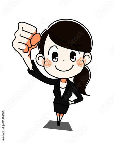 こぶしをあげる会社員の女性