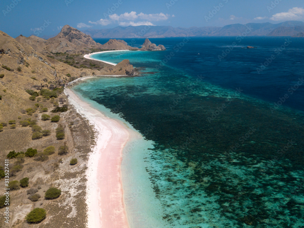 Pink Beach in Padar Island, Flores, Indonesia aerial view 