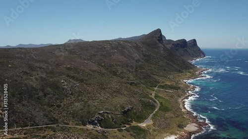 4K summer day aerial drone video: spectacular Bordjiesrif beach at Vasco Da Gama Cross. Cape of Good Hope, most popular tourist attraction, near Cape Town in Cape Peninsula, Western Cape, South Africa photo