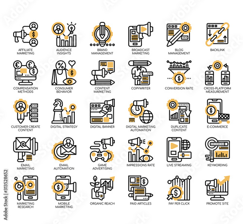 Set of digital marketing thin line and pixel perfect icons for any web and app project.