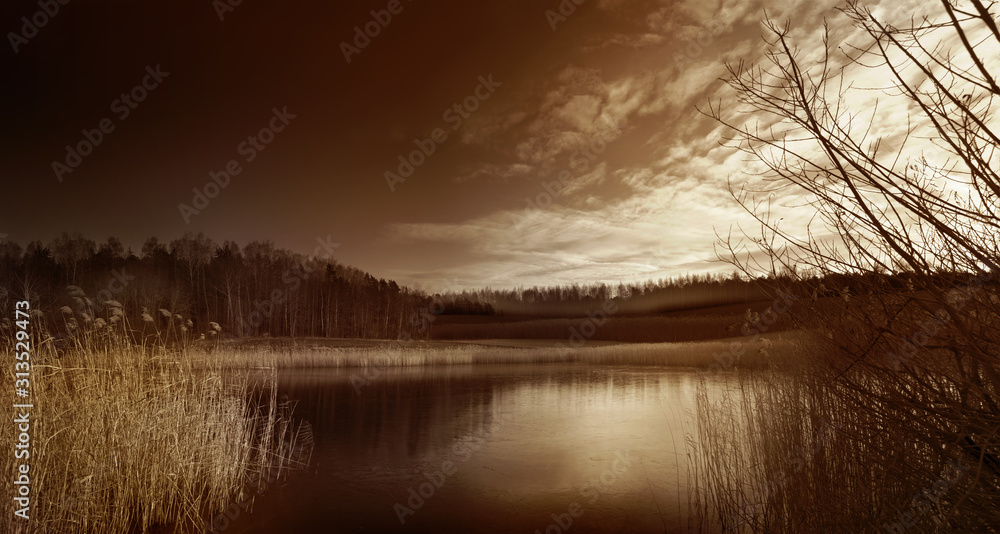 Fototapeta premium First ice on a body of water at the onset of winter