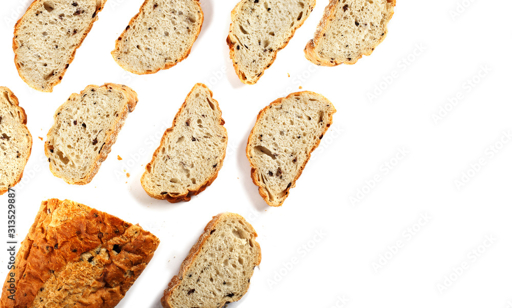 Sliced Kalamata olive bread isolated on white background, top view. Sliced Kalamata olive bread isolated on white background, top view.