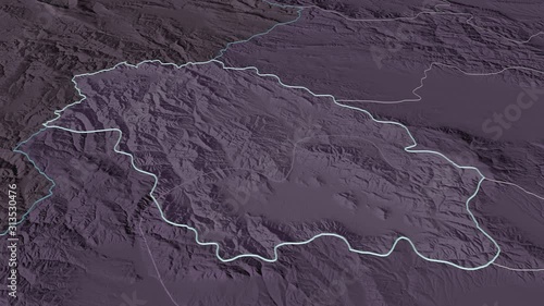 Pernik, province with its capital, zoomed and extruded on the administrative map of Bulgaria in the conformal Stereographic projection. Animation 3D photo