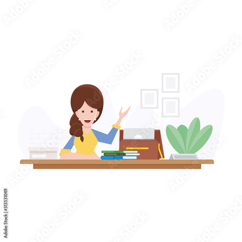 Teacher character cartoon vector flat style illustration. A woman working in the field of education. The educator in the clas