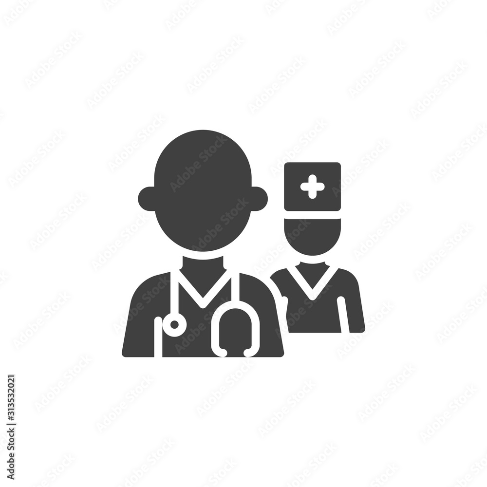 Medical doctor and nurse vector icon. filled flat sign for mobile concept and web design. Two doctors character glyph icon. Healthcare symbol, logo illustration. Vector graphics Medical doctor and nurse vector icon. filled flat sign for mobile concept and web design. Two doctors character glyph icon. Healthcare symbol, logo illustration. Vector graphics