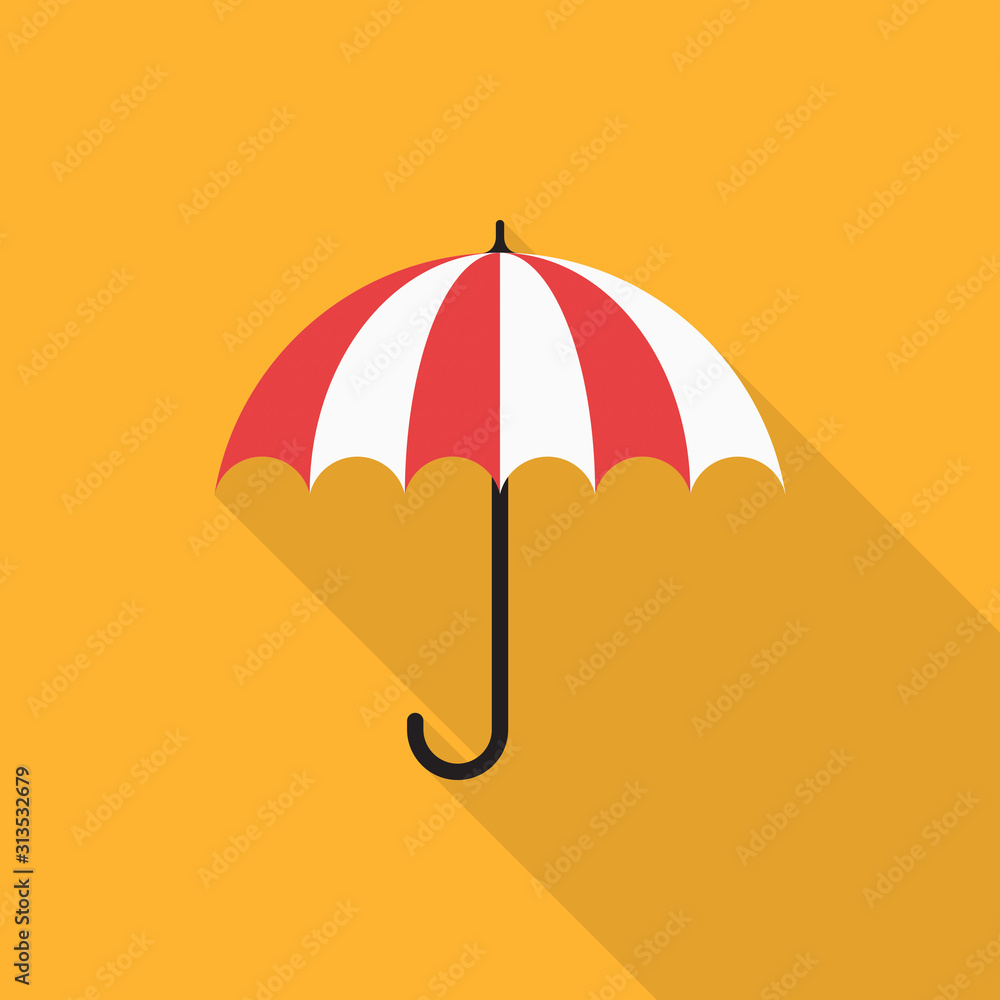 Umbrella icon with long shadow on yellow background, flat design style