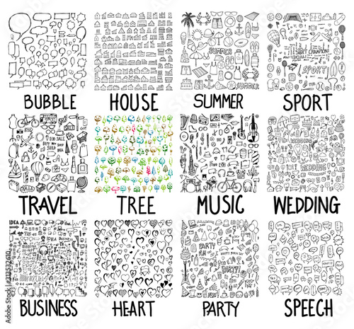 Big set collection of doodle Bubble, House, Summer, Sport, Travel, Tree, Music, Wedding, Business, Heart, Party, Speech eps10