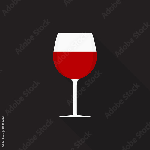 Wine glass icon with long shadow on gray background, flat design style