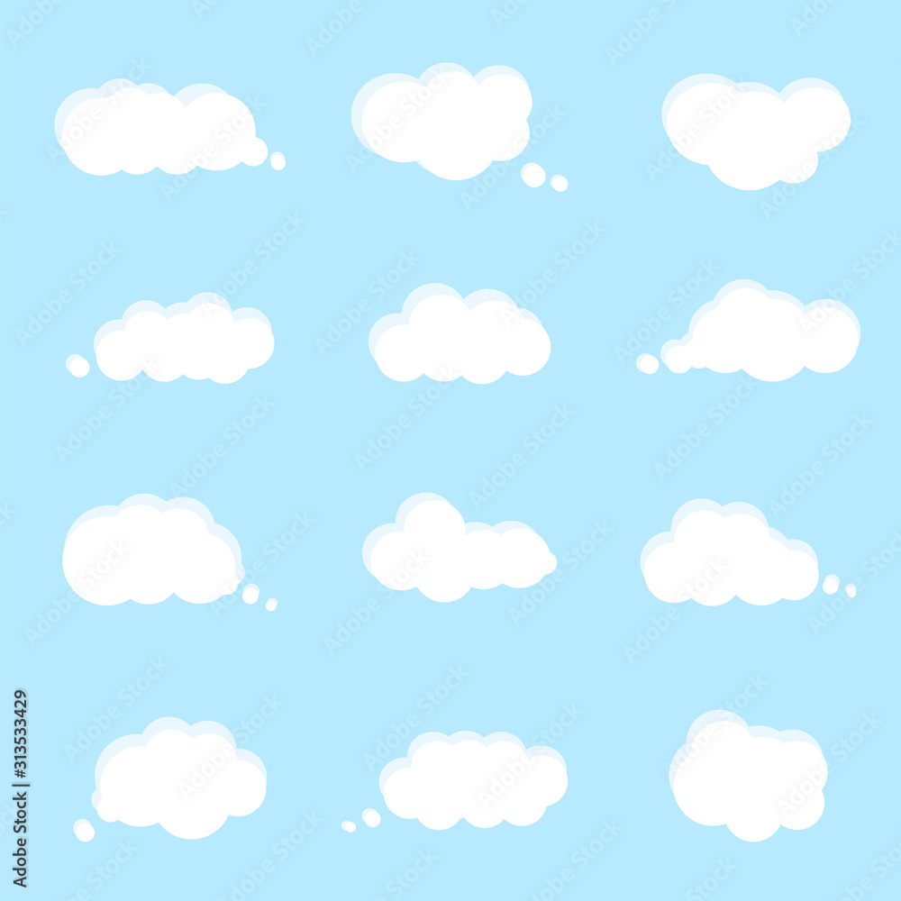 white cloud vectors on blue background with speech bubble banner, flat design ep3