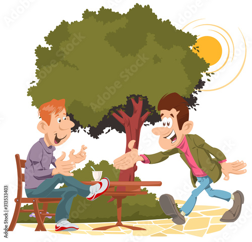 Two friends meeting in park.