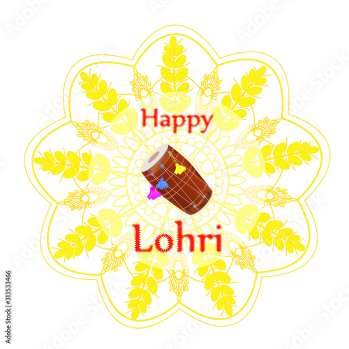 Happy Lohri greeting card, for Indian winter harvest festival. Festive attribute - dhol drum on background of mehendi flower or mandala pattern with ears of wheat, invitation, flyer, label, sticker