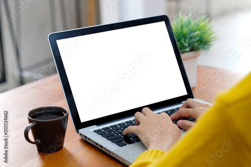 Laptop mock up, Woman hands typing computer with blank screen for template background, Laptop with blank screen backdrop for business, e commerce, technology, e learning, internet of things