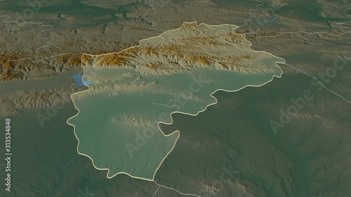 Sliven, province with its capital, zoomed and extruded on the relief map of Bulgaria in the conformal Stereographic projection. Animation 3D photo
