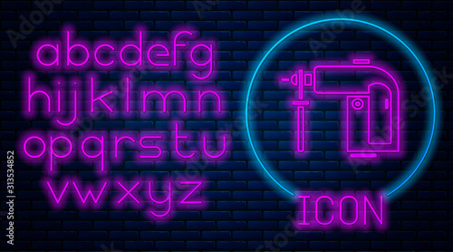 Glowing neon Electric rotary hammer drill machine icon isolated on brick wall background. Working tool for construction, finishing, repair work. Neon light alphabet. Vector Illustration