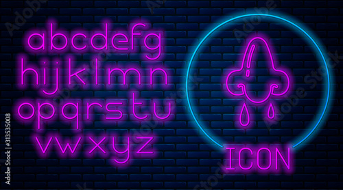 Glowing neon Runny nose icon isolated on brick wall background. Rhinitis symptoms, treatment. Nose and sneezing. Nasal diseases. Neon light alphabet. Vector Illustration