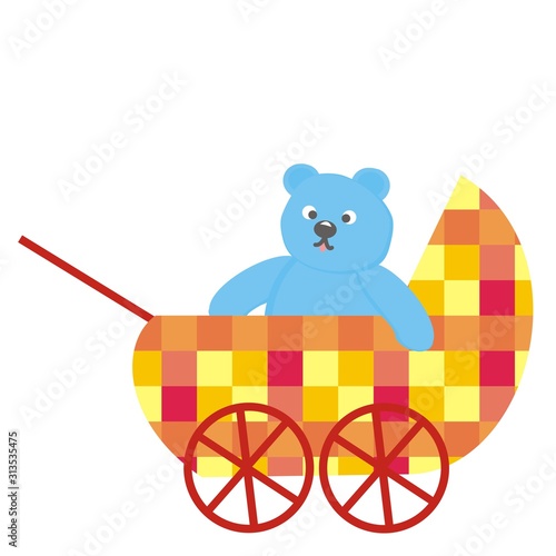 Pram and blue bear, vector illustration on white background