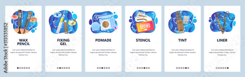 Makeup accessories and cosmetic, beauty salon, wax pencil, tint, liner, pomade. Mobile app onboarding screens. Menu vector banner template for website and mobile development. Web site illustration