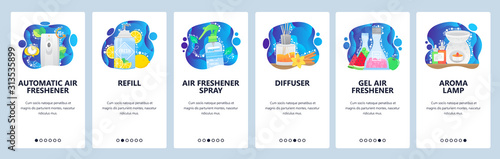 Aroma diffuser, automatic air freshener, aroma lamp, spray. Mobile app onboarding screens. Menu vector banner template for website and mobile development. Web site design flat illustration