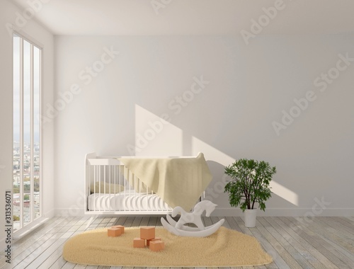 Interior of the children's room with panoramic windows, crib and toys on the floor. Sun light and a carpet on the floor. 3D rendering. 3D illustration.