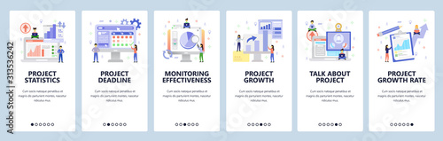 Business isometric icons, project analytics, financial chart, deadline, conference call. Mobile app onboarding screens. Vector banner template for website and mobile. Web site design flat illustration