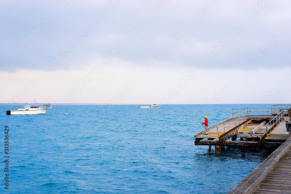 A young boy fishing from the wooden pier.