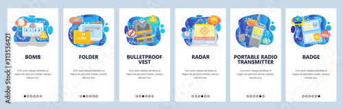 Police icons, terrorist attack. bomb timer, police badge, pistol, radar. Mobile app onboarding screens. Vector banner template for website and mobile development. Web site design flat illustration