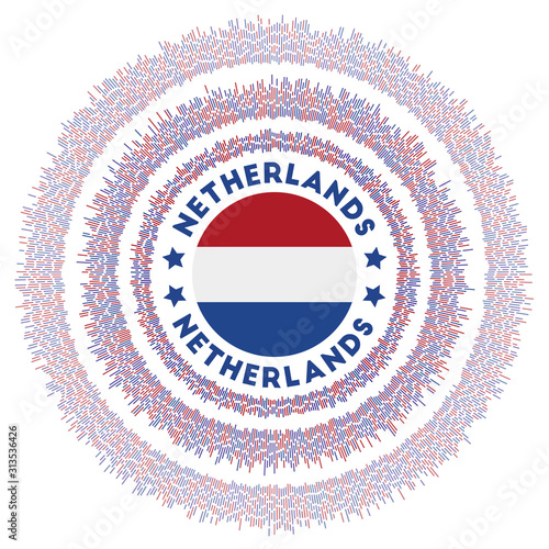 Netherlands symbol. Radiant country flag with colorful rays. Shiny sunburst with Netherlands flag. Astonishing vector illustration.