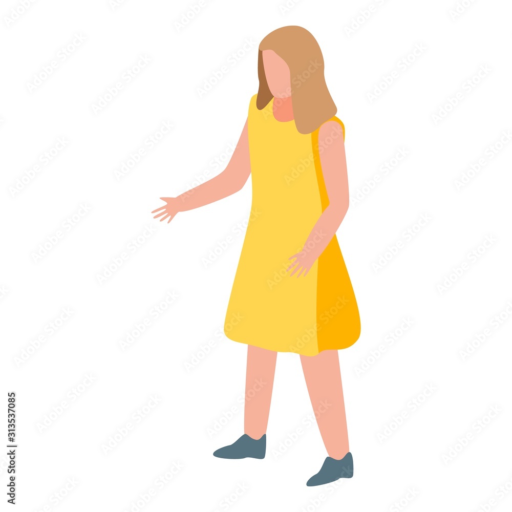 Girl in yellow dress icon. Isometric of girl in yellow dress vector icon for web design isolated on white background Girl in yellow dress icon. Isometric of girl in yellow dress vector icon for web design isolated on white background