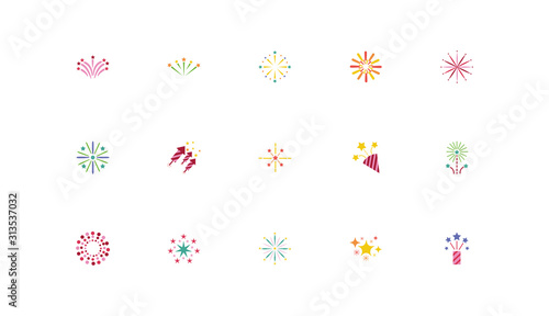 bundle of fireworks explosion splash set icons