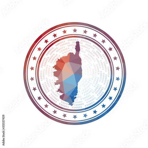 Flat low poly stamp of Corsica. Polygonal Corsica badge. Trendy vector logo of the island.