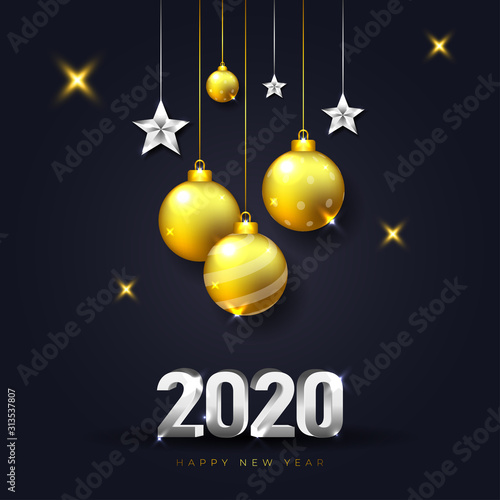 Happy New Year 2020 Greeting Card with dark background and realistic christmas decoration in gold and silver color