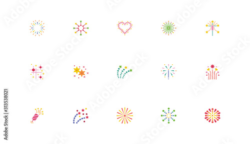 bundle of fireworks explosion splash set icons