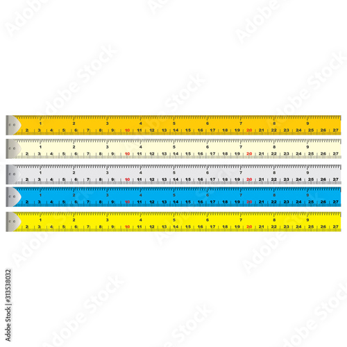 Color rulers in centimeters and inches vector set. Stationery color ruler tool illustration