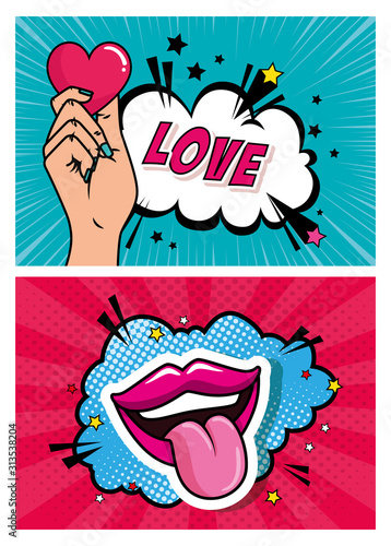 set of hand with heart and mouth pop art style vector illustration design
