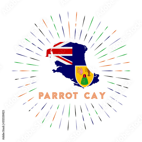 Parrot Cay sunburst badge. The island sign with map of Parrot Cay with Turks and Caicos Islander flag. Colorful rays around the logo. Vector illustration. photo