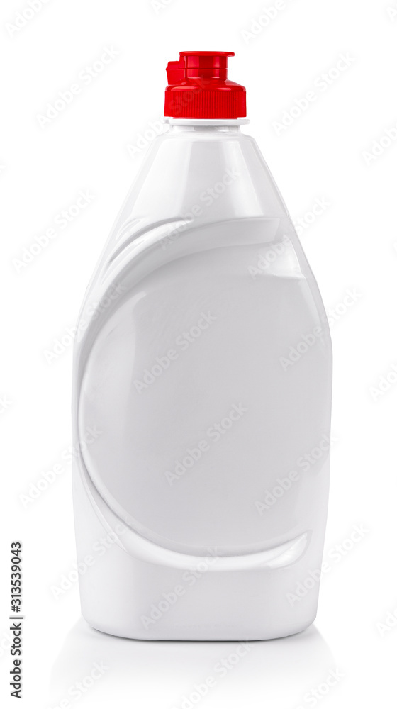 White plastic bottle for liquid detergent with red lid White plastic bottle for liquid detergent with red lid