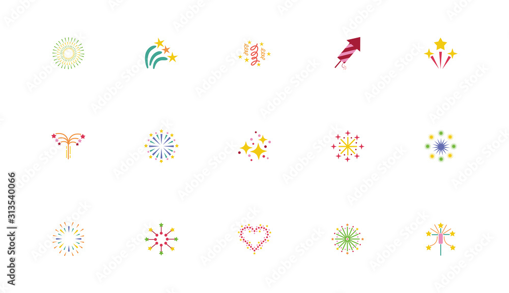 bundle of fireworks explosion splash set icons