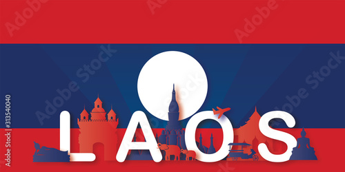 Travel Laos panorama postcard, poster, tour advertising of world famous landmarks in paper cut style. Vectors illustrations