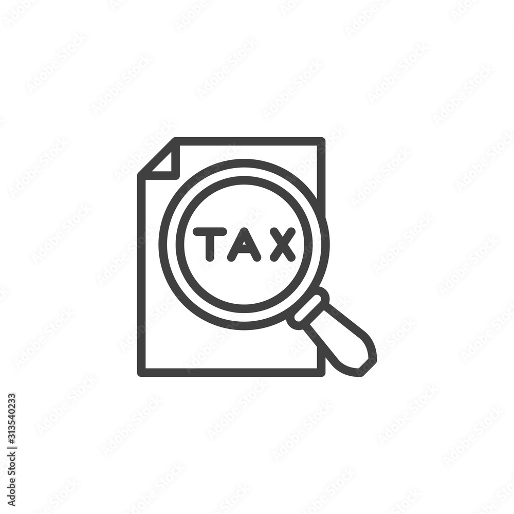 Tax search line icon. linear style sign for mobile concept and web design. Expense report tax outline vector icon. Symbol, logo illustration. Vector graphics Tax search line icon. linear style sign for mobile concept and web design. Expense report tax outline vector icon. Symbol, logo illustration. Vector graphics