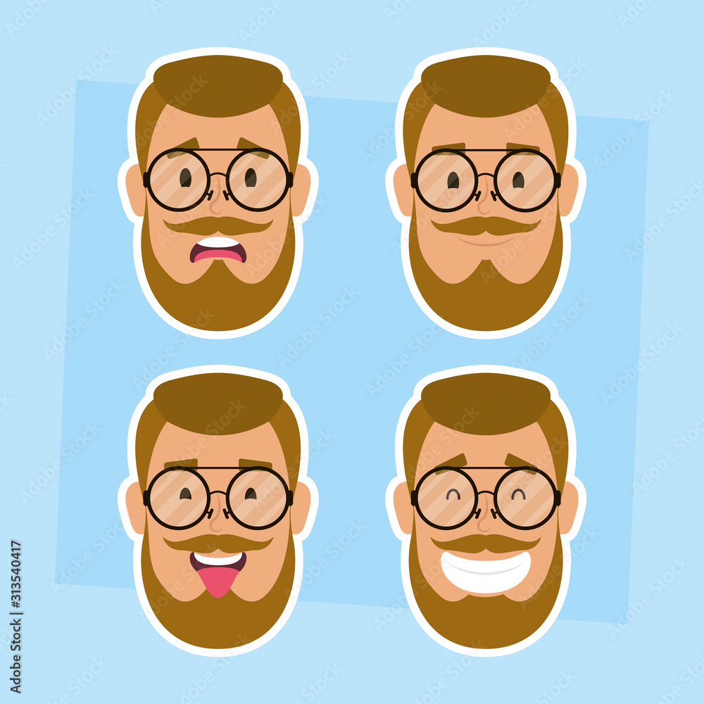 group of man faces with beard and glasses