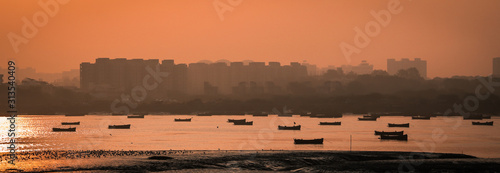 Fényképezés Panoramic silhouette of surat city while sun rising near ONGC bridge